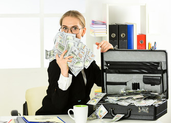 Investing money. Happy woman. Success is measured by money. Security cash money savings. Banking...