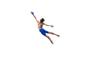 For sun. Male modern ballet dancer, art contemp performance, blue and white combination of emotions. Flexibility, grace in motion, action on white background. Fashion and beauty, artwork concept.
