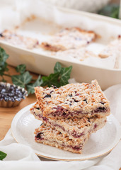 Crumble pie  filled with berries jam and powdered with glaze sugar. Close up view.