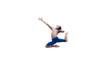 Fototapeta na wymiar Hope giving. Male modern ballet dancer, art contemp performance, blue and white combination of emotions. Flexibility, grace in motion, action on white background. Fashion and beauty, artwork concept.