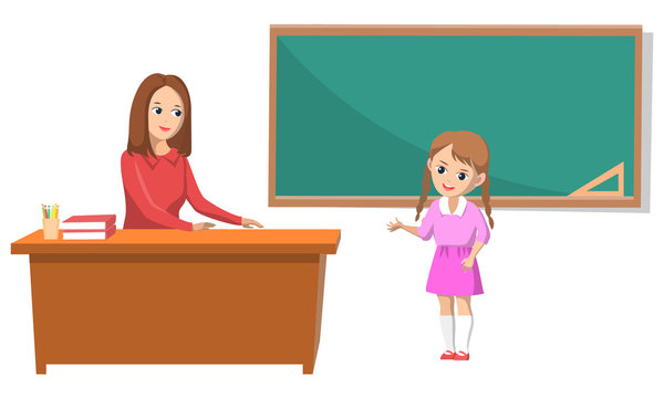 Education vector, teacher and pupil standing by blackboard with ruler. Lesson teaching new material and revising old subjects. Tutor and student, back to school concept. Flat cartoon