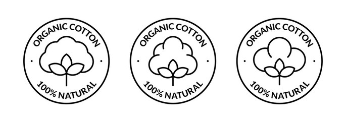 100% Natural Organic Cotton Icon. Set of vector badges, logos or labels. Minimalistic illustration in line art style