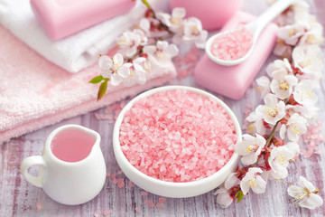 spa still life with pink rose petals