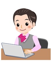 ピンクの服を着た事務員の女性