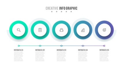 Business infographic template. Timeline design with circle and 5 options or steps. Can be used for workflow layout, info chart, annual report.