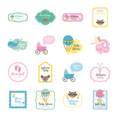 Fototapeta premium bundle of sixteen baby shower set collection icons