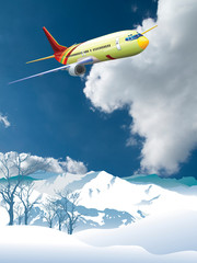 Naklejka na ściany i meble Passenger airplane flying over snowcapped mountain range set against a blue cloudy sky