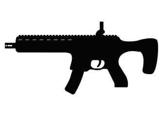 Submachine military gun, icon self defence automatic weapon concept simple black vector illustration, isolated on white. Shooting rifle.