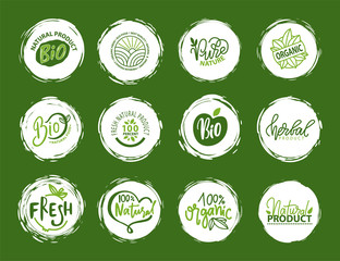 Fresh vegan food label, green poster natural and herbal product, 100 percent organic, healthy product, set of emblem, market sticker vector. Menu logo on white abstract watercolor lable