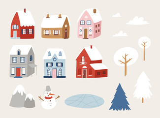 New Year and Christmas home set. Stylized winter cute cozy houses with snowman, trees, mountains. Winter City collection. Vector illustration holidays elements. Good for design, cards or posters.