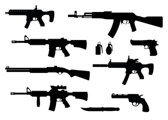 Set of weapon military rifle, revolver and desert eagle pistol, shotgun carbine, grenade, knife and submachine gun black simple icon vector illustration, isolated of white.