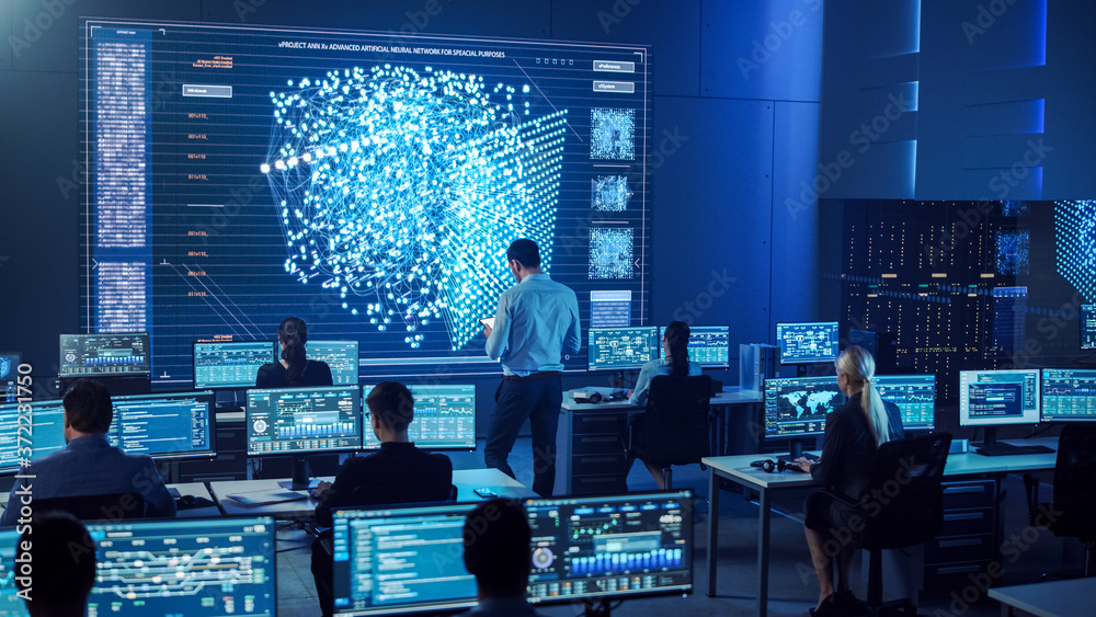 Poster Team of Professional Computer Data Science Engineers Work on Desktops with Screens Showing Charts, Graphs, Infographics, Technical Neural Network Data and Statistics. Dark Control and Monitoring Room.