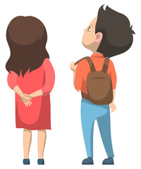 Boy and girl standing together. Schoolboy with backpack on back. Schoolgirl in red dress and long hair. Pupils isolated on white. Back to school concept, 1st September. Flat cartoon vector
