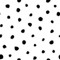 Grunge spots hand drawn vector seamless pattern. Ink dirty circles texture. Black paint dry brush splodges, blotches background. Abstract rough blots, splotches backdrop. Wrapping paper design. - obrazy, fototapety, plakaty