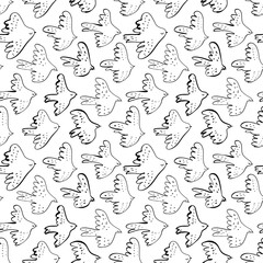 Seamless vector doodle pattern with black birds. Japanese abstract motif hand painted by brush. Monochrome flying birds, sparrows, swallows, crowns and seagulls. Line drawn sketch.