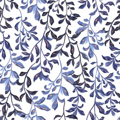 Blue decorative branches on a white background. Pomegranate tree, seamless pattern.