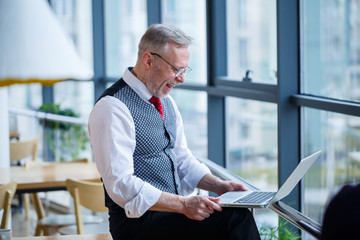 Adult male businessman, teacher, mentor working on a new project. Sits by a large window on the...