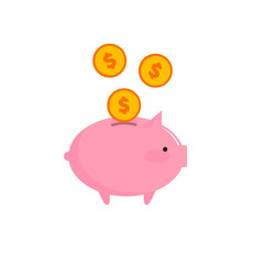 Gold coins fall into the piggy bank. Vector illustration, flat cartoon design, isolated on white background, eps 10.