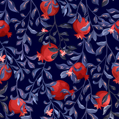 Red pomegranate fruits with flowers on a blue background. Branches, garden plants, seamless pattern.