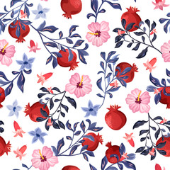 Pomegranate branches with flowers and fruits on a white background. Botanical print, seamless pattern.