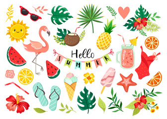 Collection of cute summer elements, icons isolated on white background: tropical leaves and birds, drinks and ice cream. Summer season poster, beach holiday.