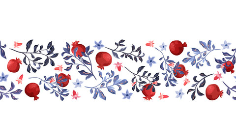 Seamless pattern, border from branches and pomegranate fruits on a white background.