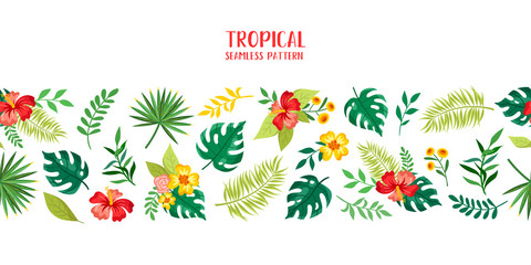 Bouquets of tropical leaves and flowers on a white background. Seamless summer pattern, border.