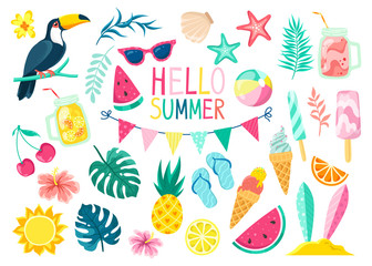 Collection of cute summer elements, icons isolated on white background: tropical leaves and birds, drinks and ice cream. Summer season poster, beach holiday.
