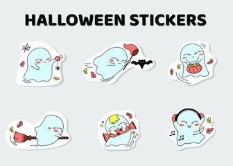 Little kawaii ghosts dance, fly on a broomstick, carry a basket of sweets, catch a bat with a butterfly net, have fun, have fun. Cute characters for All Saints Day in the form of stickers. 