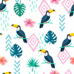Tropical birds and plants, toucans on a white background. Summer print with geometric elements. Seamless pattern.
