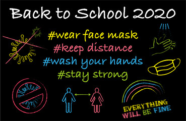 back to school 2020 corona virus pandemic face mask social distance wash hands stay strong student kid cartoon black board drawing painting 