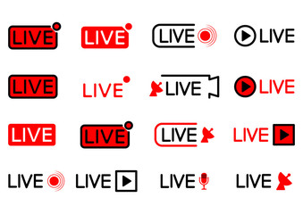 Live broadcasting icon. Set of live streaming icons. Black and red symbols for streaming, record, online stream. Set of broadcast buttons in different forms. Vector