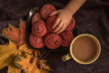 Children's hand reaching for a plate of cranberry cookies. Still life with a cup of coffee, autumn multi-colored maple leaves and acorns on the background of a purple plaid. Autumn concept. Top view