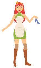 Woman character selling unwanted clothes, fashion objects. Female holding high heel, junk retail, seller with goods, garage sale, cheap shopping vector