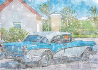 Fototapete Rund Aquarellmalerei von einem amerikanischen historischen Auto in Havanna Kuba © ShDrohnenFly