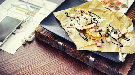 Viennese waffles with filling. Coffee table. A set of fragrant cookies for breakfast for the holiday.