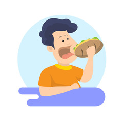 Kid eating junk food burger flat style vector