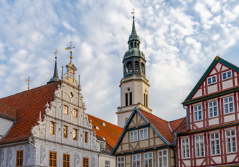 view of the old city hall building and St. Marien church in Celle in Lower Saxony