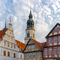 view of the old city hall building and St. Marien church in Celle in Lower Saxony