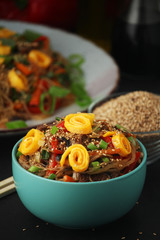 Japchae, a sweet and savory dish of stir-fried glass noodles, Korean cuisine