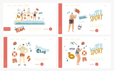 Swimmers Characters in Pool Landing Page Template Set. Swimming Coach Teaching Woman Prepare to Jump. Learning to Swim