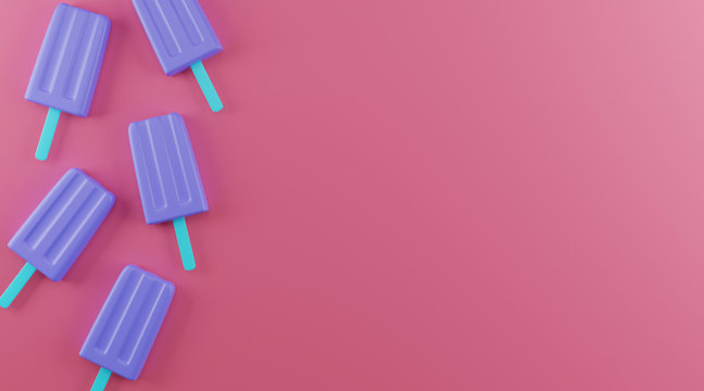 Flat lay Popsicle on pink background. minimal style with copy space. 3d rendering.