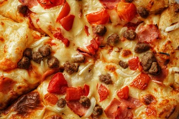 Obraz na płótnie Canvas Close up photo of pizza topping in horizontal orientation, close up photo of a delicious pizza with mozzarella cheese, onions, meat, tomato.