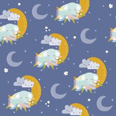 Seamless pattern with cute sleeping elephant. Childish trendy print. Vector hand drawn illustration.