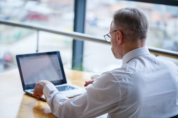 Male freelancer is working in a cafe on a new business project. Sits at a large window at the table. Looks at a laptop screen with a cup of coffee