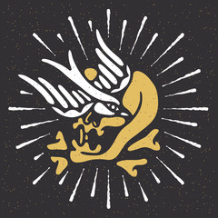 Traditional tattoo flash skull with a bird, bones and rays, Vector illustration on grunge texture background