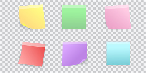 Sticky colored notes. Collection of different colored sheets of note papers with curled corner. Vector illustration.