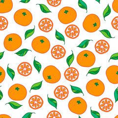 Seamless citrus pattern on white background. Hand drawn vector illustration of oranges and leafs.