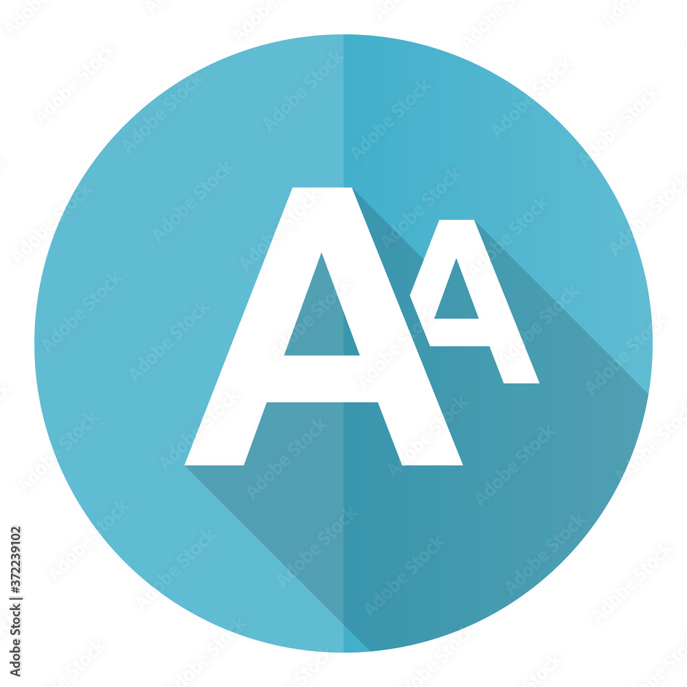 Poster alphabet vector icon, flat design blue round web button isolated on white background