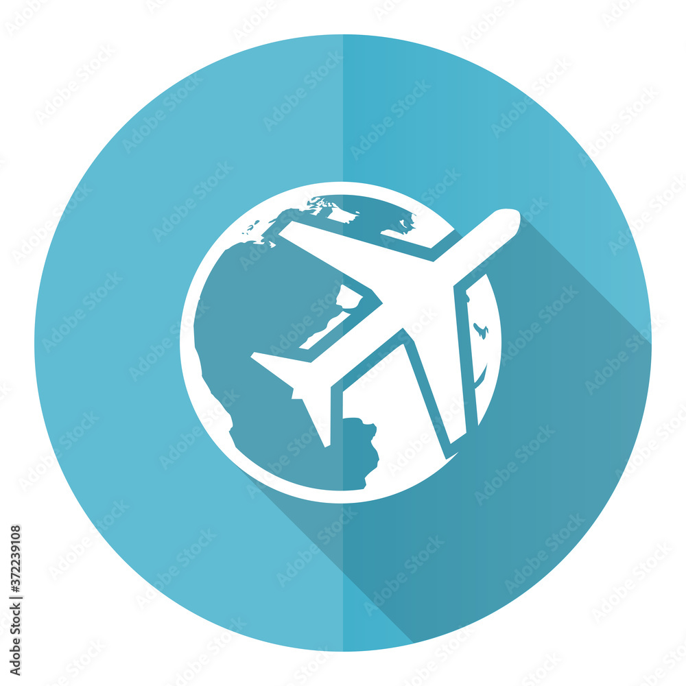 Poster travel vector icon, flat design blue round web button isolated on white background
